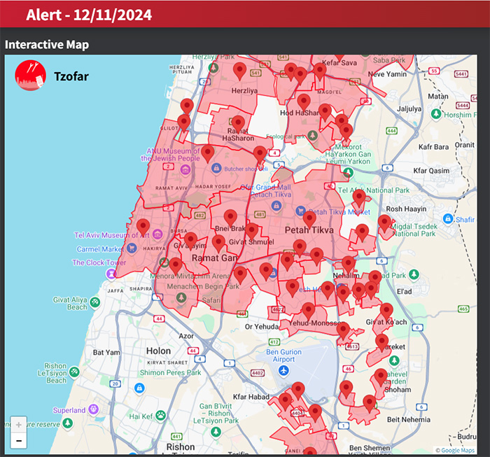 Alerte sur Tel Aviv et sa banlieue, les point rouge ne représentent pas des impacts mais les lieux de déclenchement des alertes pour une salve de missiles identifiée dans cette direction.